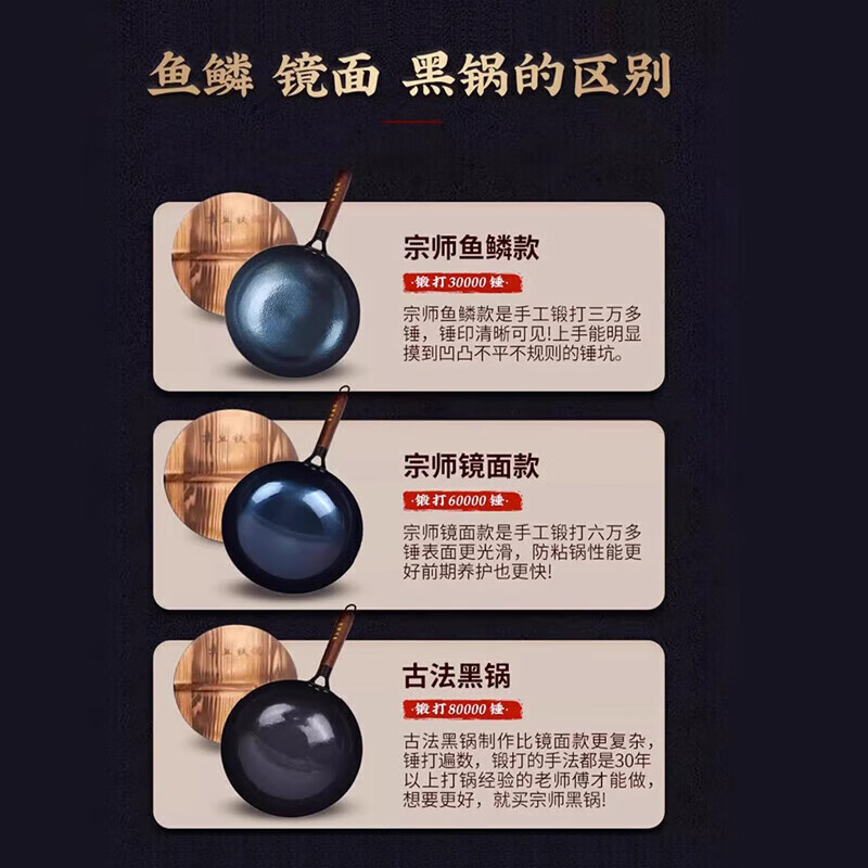 孟大锤章丘款炒锅手工锻打铁锅无涂层不易粘锅熟铁锅燃气灶款 鱼鳞锅+三件套4-6人使用 36cm