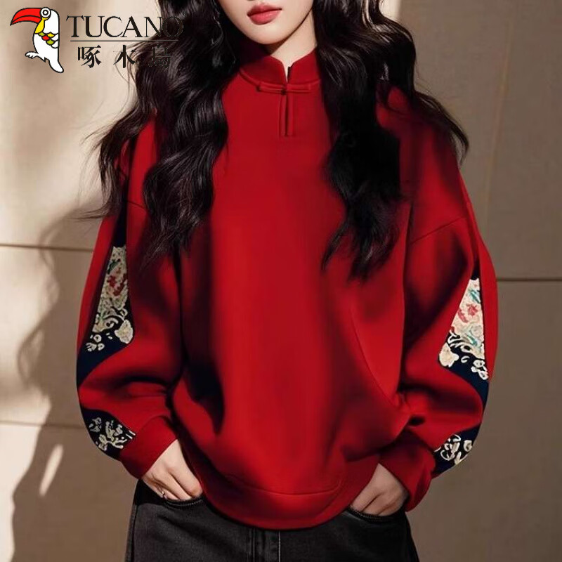 啄木鸟春秋大码300斤新中式红色本命年卫衣女时尚国风显瘦减龄唐装上衣 红色 XL 建议115-145斤