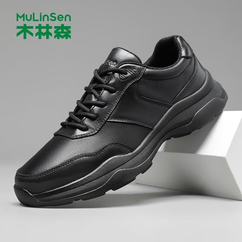 木林森品牌专卖真皮厚底运动皮鞋男秋季新款男鞋超轻便软底软面户外鞋子 黑色 41