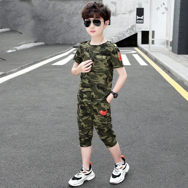 宸芃兒童迷彩服套裝特種6兵男童軍9裝小孩帥氣軍訓(xùn)衣服短袖夏裝薄款 英雄款(上衣+褲子) 130