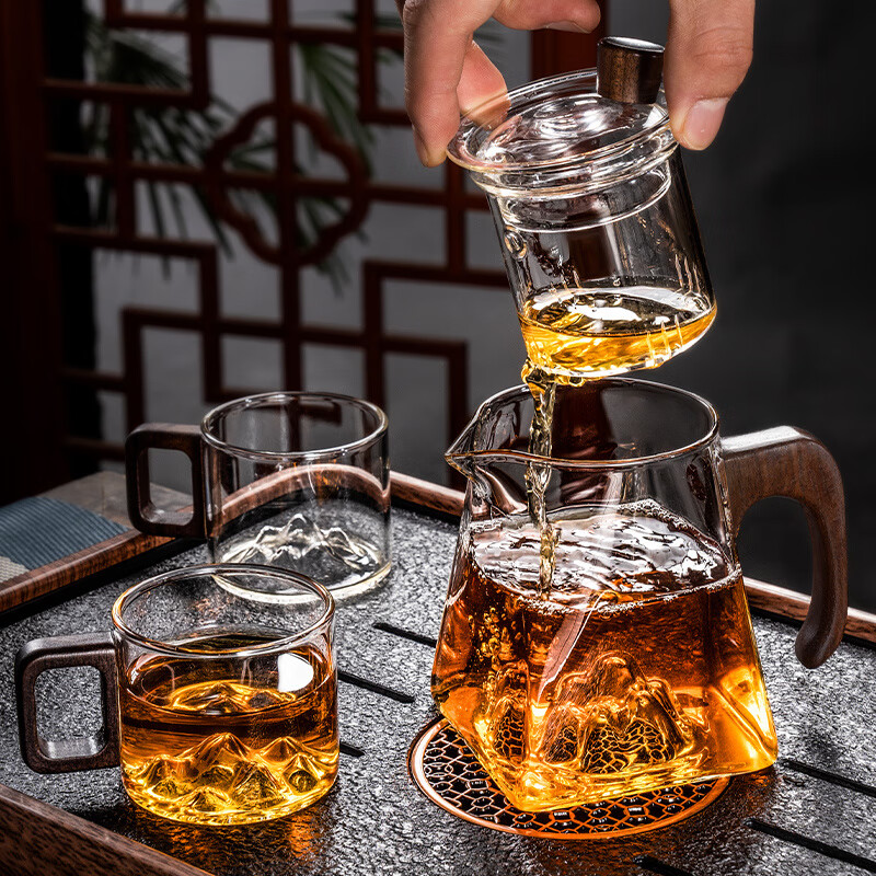 胖东来同款德国进口品质观山玻璃茶具套装茶壶盘耐热泡茶壶公道杯 茶盘套透明木柄观山壶+公 9件