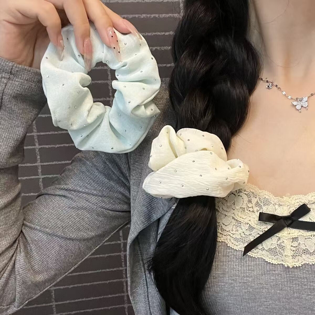 加恩倍薄荷曼波发饰蓝绿色大肠发圈新款头绳复古法式高级感韩系温柔 白色+浅绿各一个装