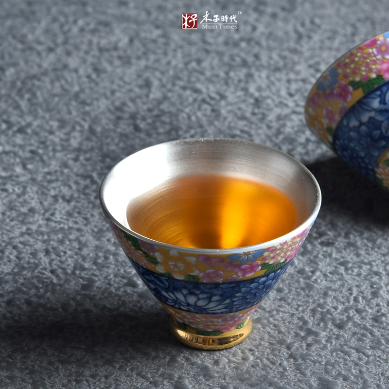 純銀景德鎮(zhèn)青花瓷鑲銀陶瓷茶杯功夫茶具鎏銀單杯品茗杯主人杯茶杯 琺瑯彩單杯