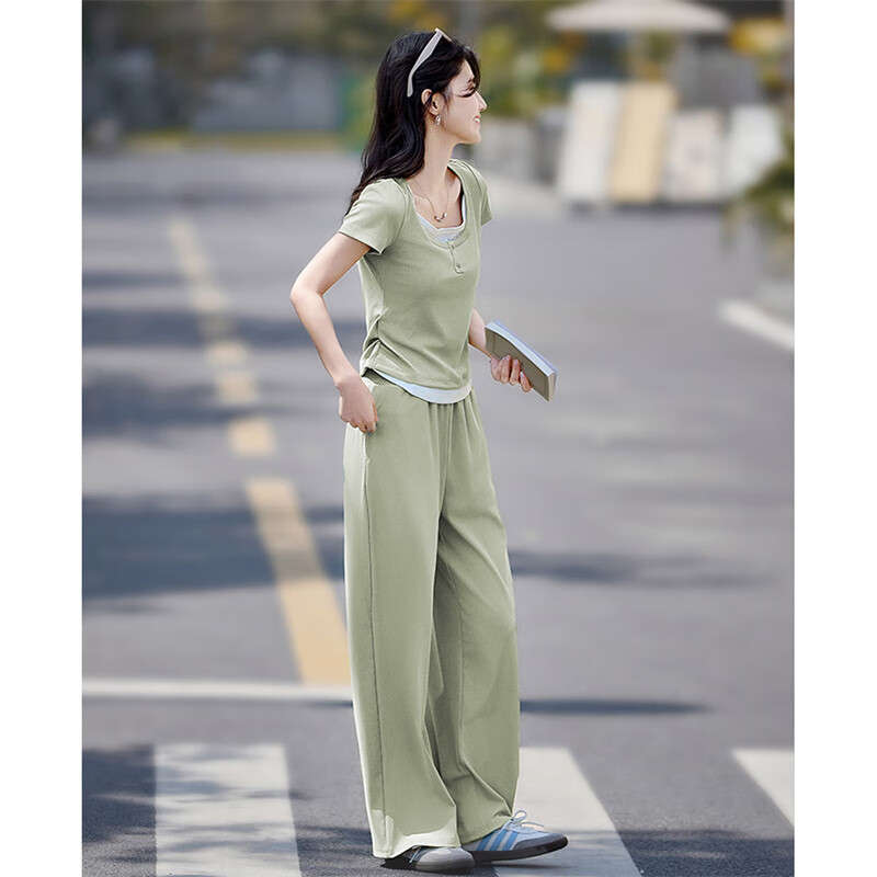 尚静休闲套装女夏季新款女装拼接撞色短袖T恤上衣宽松直筒裤两件套女 绿色+白色 M 京东折扣/优惠券