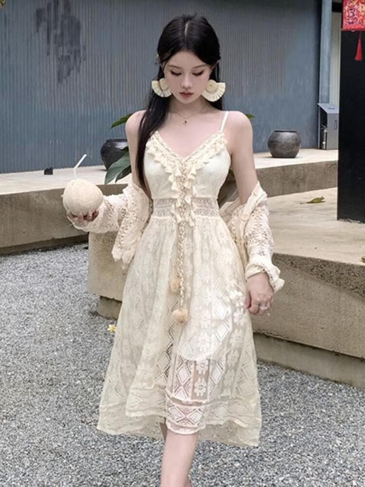 芳透民族风波西米亚连衣裙女夏季新款大码海边度假吊带长裙两件套装裙 C1-甜夕吊带裙 杏色吊带裙 均码