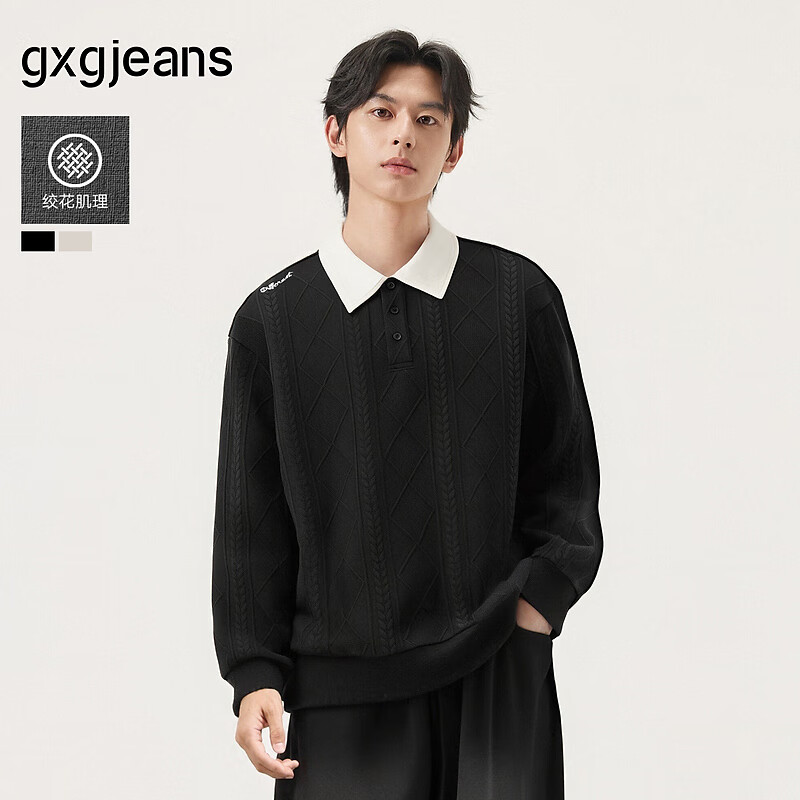 gxg.jeans男装 多色肌理面料撞色休闲翻领卫衣男生上衣 25秋新品 黑色 2XL (185)