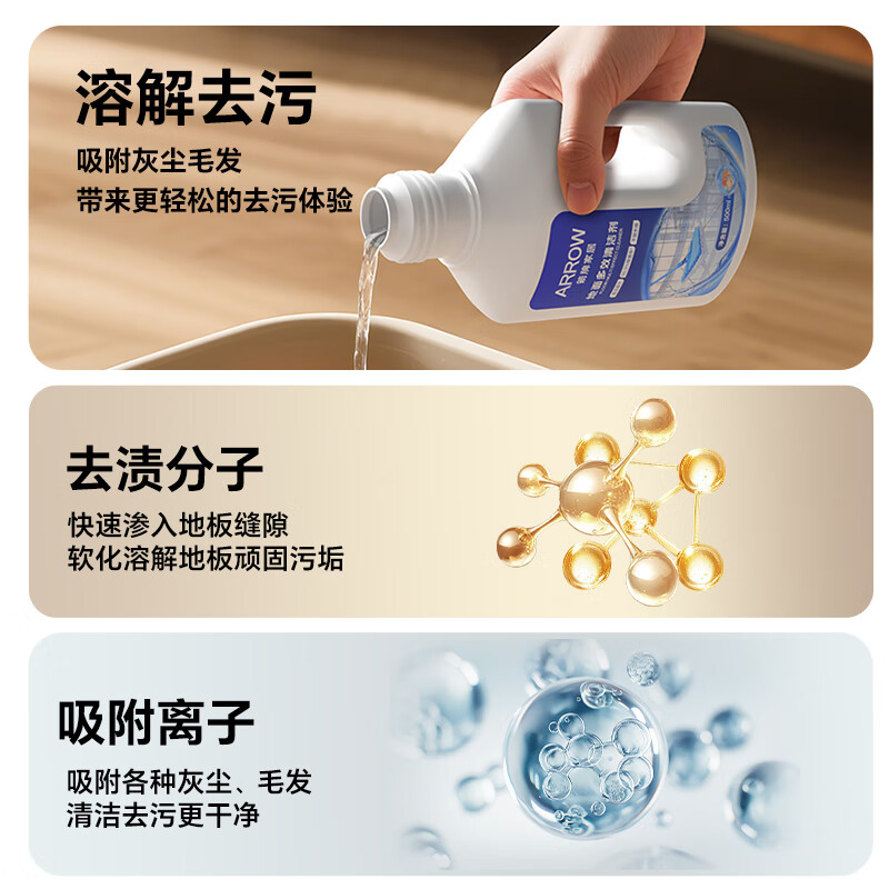 箭牌地板清洁剂强力去垢去污杀菌速干留香木地板地砖清洁剂 【除菌率99.9%500ml*3瓶