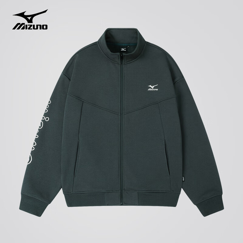 美津浓（MIZUNO）户外卫衣男秋冬开衫立领加绒宽松上衣百搭保暖外套 灰蓝色 4XL