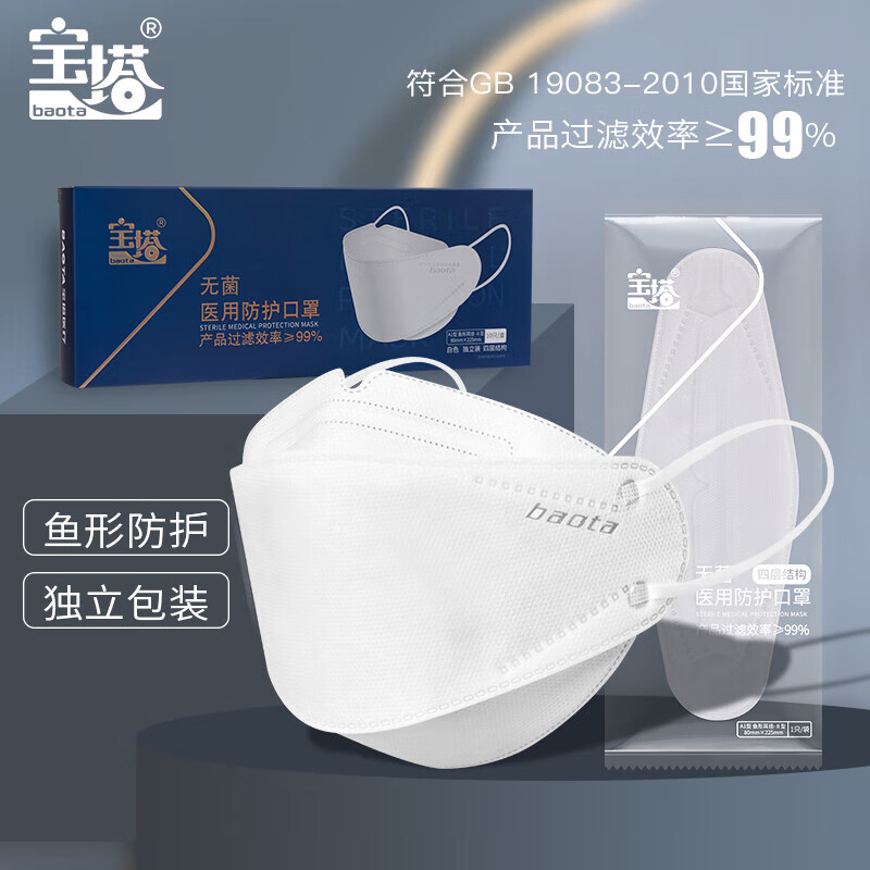 无菌N95级医用防护口罩单独包装一次性医疗10支盒装鱼型 1盒白色共10支