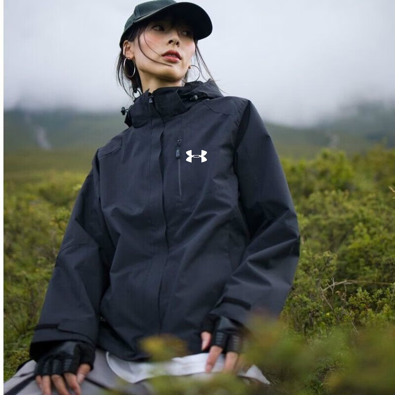 安德玛（Under Armour）户外冲锋衣男女两件套加绒三合一可拆卸防风防水登山服外套风衣 女黑色【含内胆可拆卸】 XL