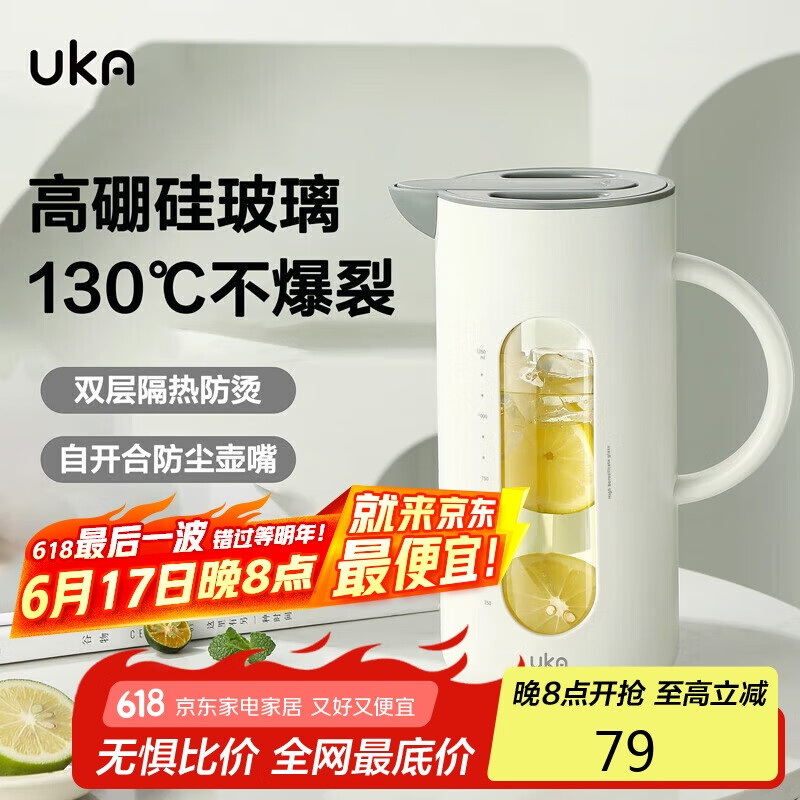 UKA冷水壶高硼硅玻璃凉白开水壶杯耐高温防烫家用大容量 白色