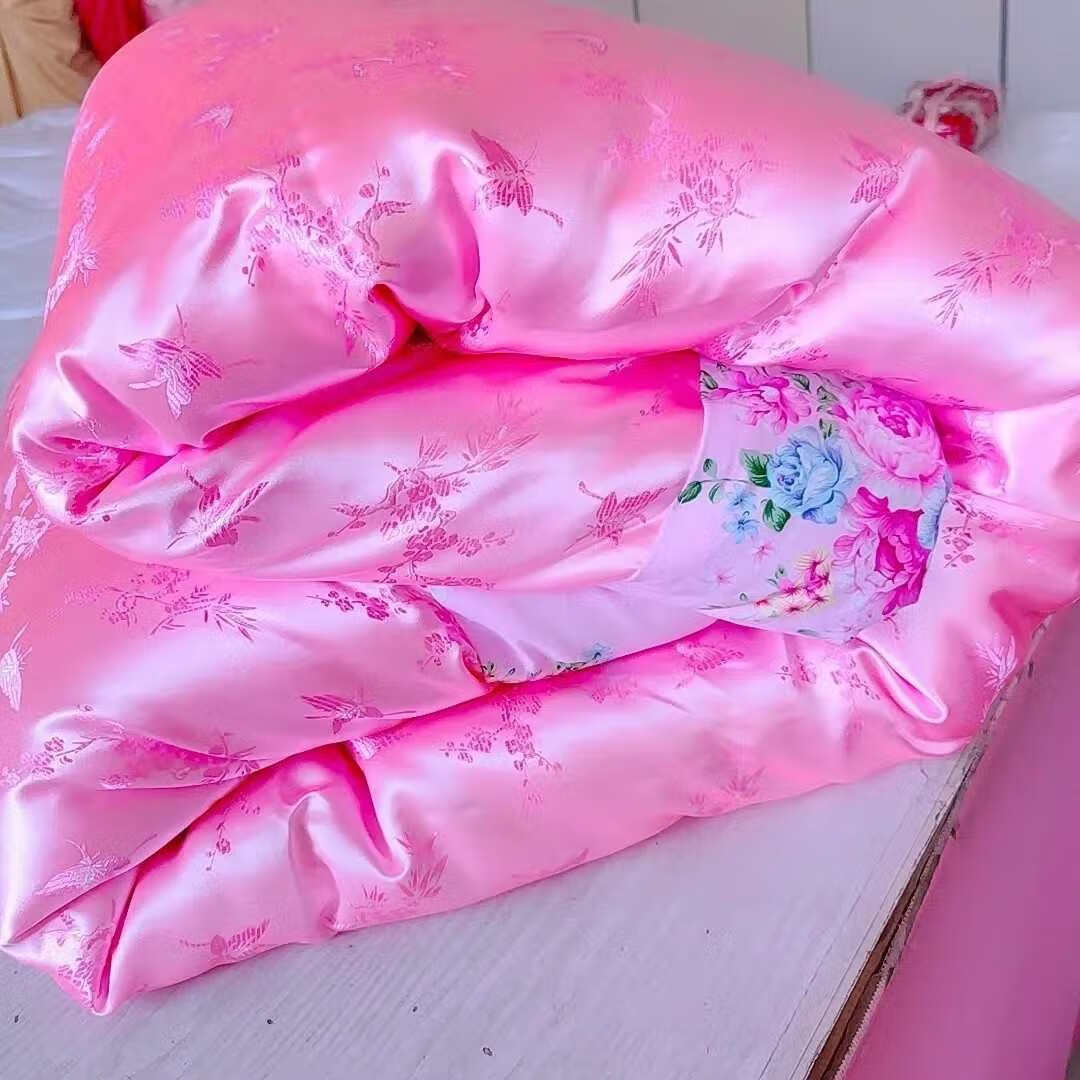 被面包边设计结婚婚房被子老式包边棉被丝绸绸缎老款龙凤缎子手工 粉