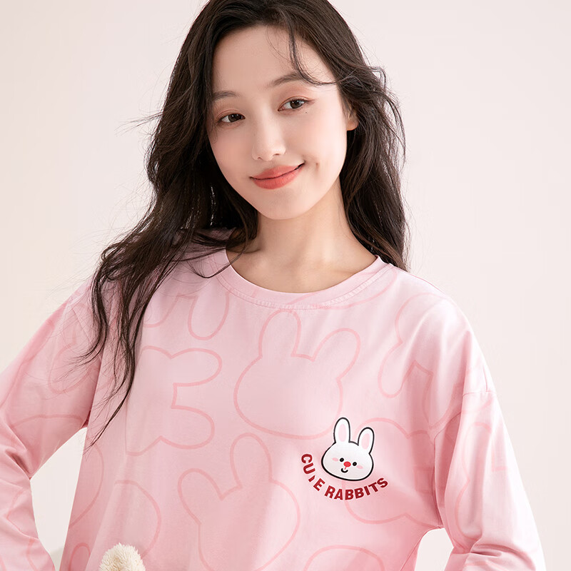 芬腾睡衣女100%纯棉2025秋季新款舒适圆领小兔柔软外穿长袖家居服套装 粉色 M