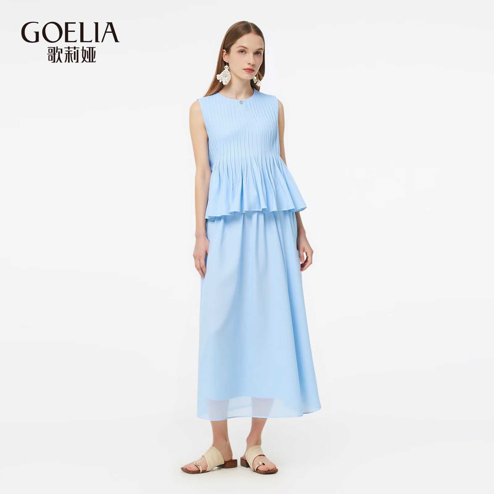 歌莉娅女装休闲套装夏装新品天丝风琴褶两件套气质上衣A型半裙1E5LAB58B 04U浅灰蓝 S