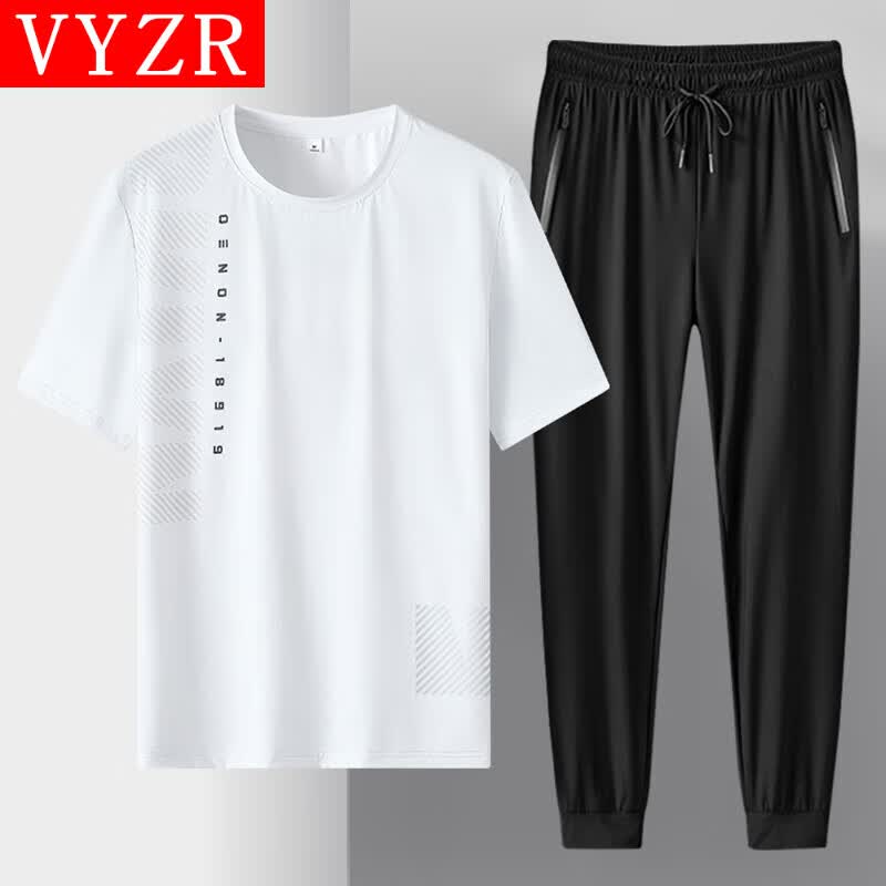 VYZR运动套装男健身衣服速干夏季冰丝短袖长裤t恤羽毛球衣跑步训练服 白色 M