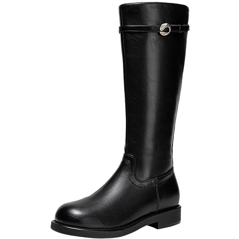 千百度中跟粗跟騎士靴女2025冬季新款加絨保暖高筒長(zhǎng)靴時(shí)尚瘦瘦靴 黑色(絨里) 37 (235mm)