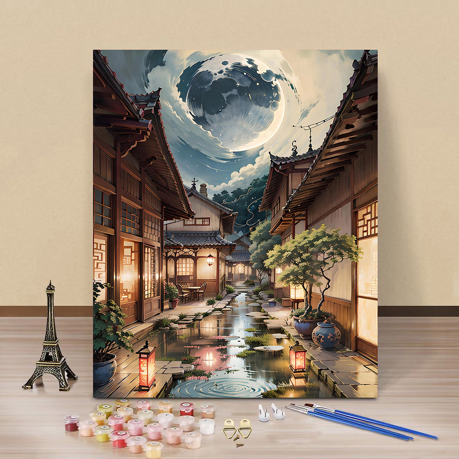 中国风山水数字油画diy填色治愈日落晚霞风景客厅餐厅手工装饰画 晚霞渔船Z217淡彩底 单独60*75cm绷好实木内框+笔颜料
