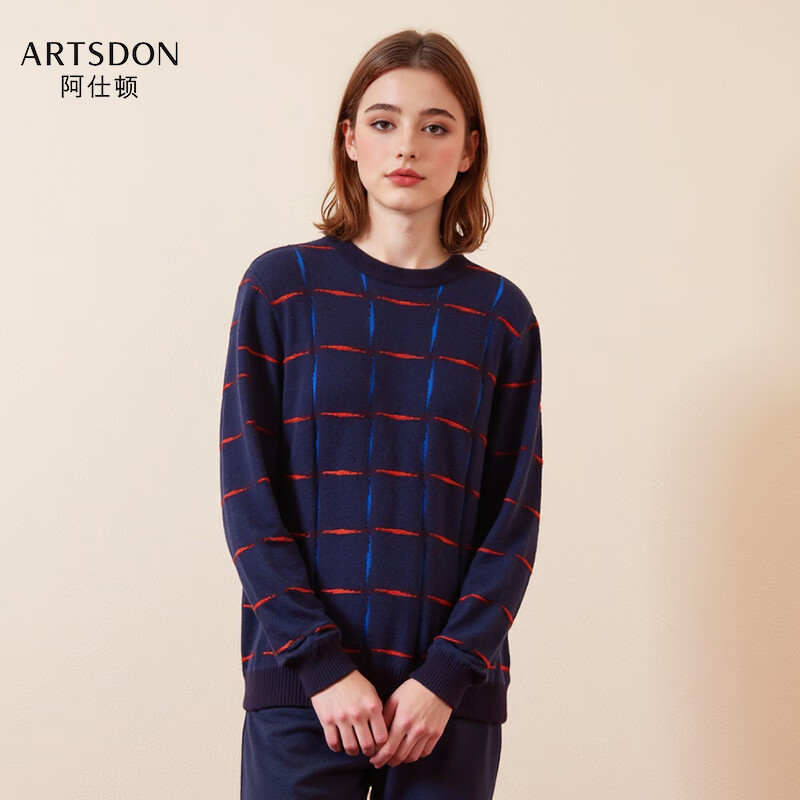 阿仕顿（ARTSDON）2025春秋新款女士时尚格纹百搭圆领休闲显瘦针织衫 藏青格纹 M 推荐80-110斤