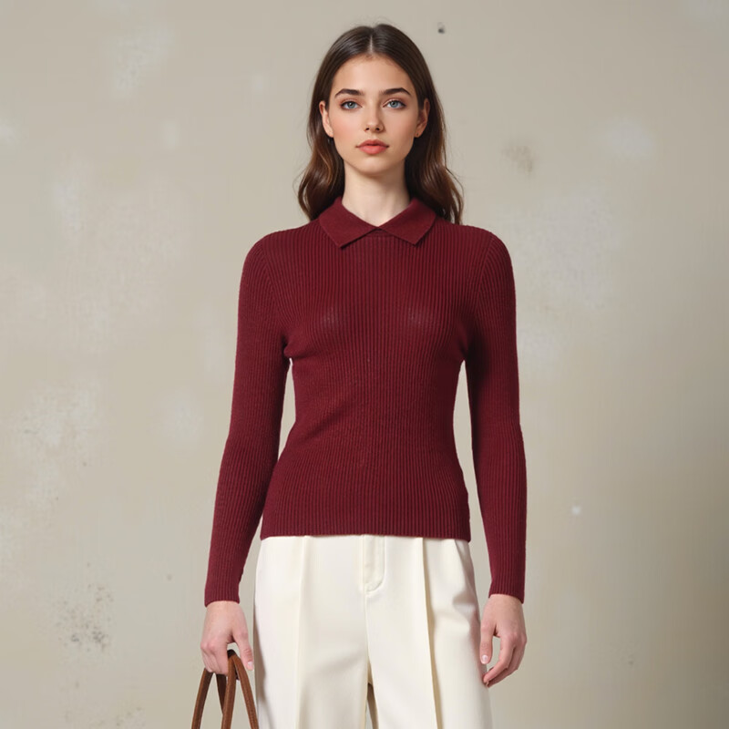 阿仕顿（ARTSDON）2025年秋季女士新款时尚舒适百搭显瘦翻领针织衫 嫣红 M 推荐95-115斤