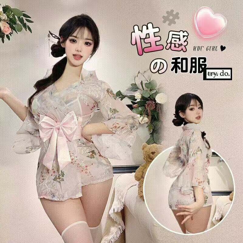 情趣内衣V领日系和服性感约会战袍新款绑带睡袍浴袍睡衣女家居服 粉花和服 均码