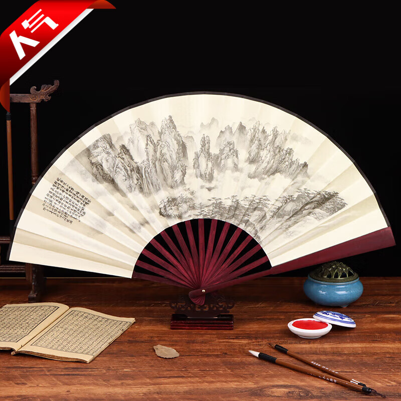 拾點漁扇子折扇男 中國風古典手工男扇絹布仿復古竹扇 8寸上善若水 寸上善若水