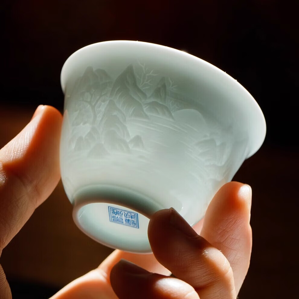 汉造景德镇影青白瓷茶杯主人杯品茗杯家用喝茶水雕刻三才盖碗功夫茶具