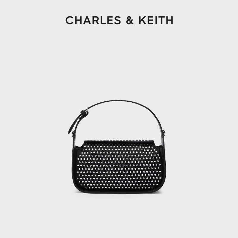 CHARLES&KEITH夏季女包250781956時(shí)尚水鉆手提單肩包女 Black黑色
