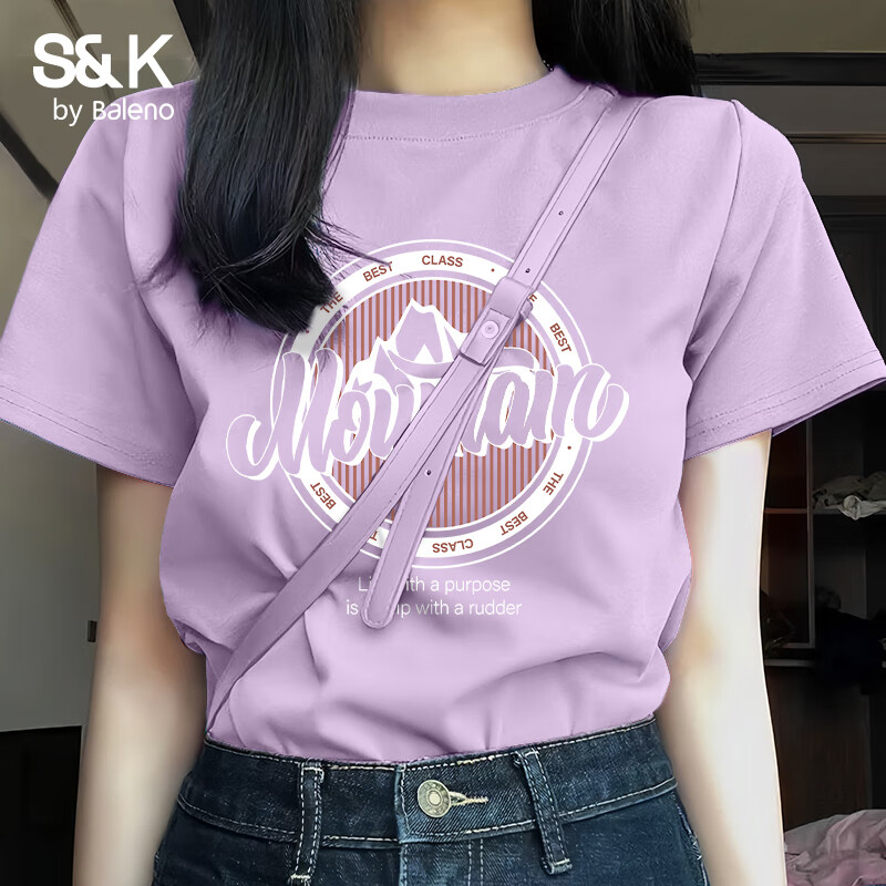 班尼路S&K纯棉短袖T恤女2026年夏季女装新款潮流休闲简约百搭复古风上衣 丁香紫#Z复古印花 S