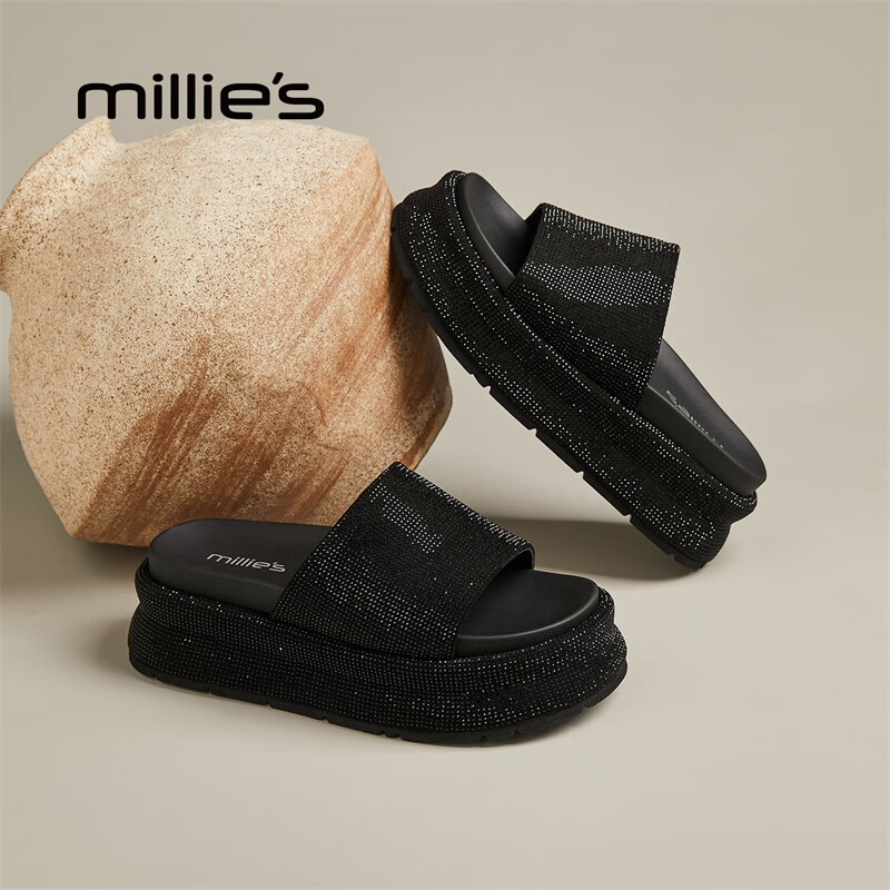 妙丽拖鞋女厚底外穿露趾细钻时尚2025夏季新款百搭配裙子半拖鞋 黑色 37 (235mm) 标准码
