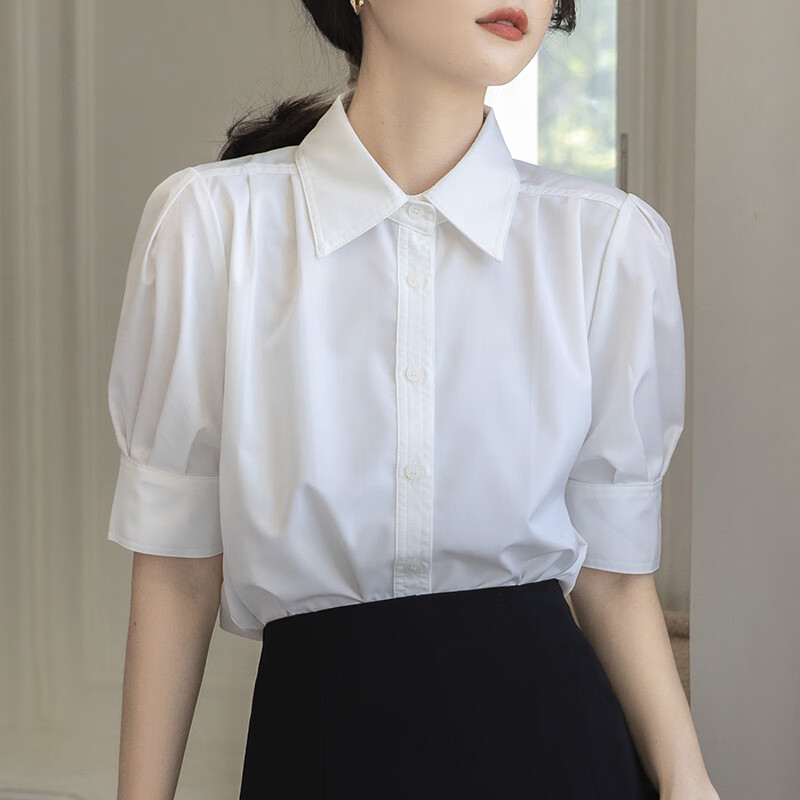 潮梦城短袖衬衫女法式气质短袖白衬衫女夏设计感小众通勤面试衬衣小个子 白色 S  85-103斤