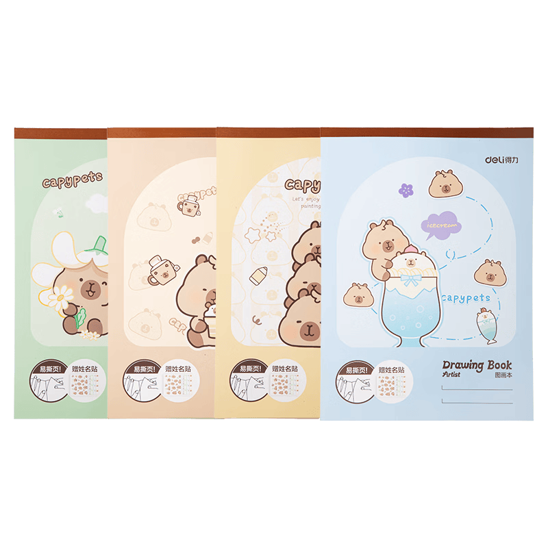 得力（deli）4本装A4卡皮巴拉儿童图画本画画大号手绘涂画本幼儿园小学生加厚白纸胶装本学生开学礼物 BL215