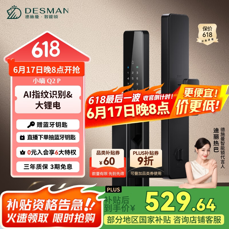 德施曼（DESMAN）智能门锁密码锁入户门 电子锁家用防盗指纹锁 小嘀 Q2P星爵黑