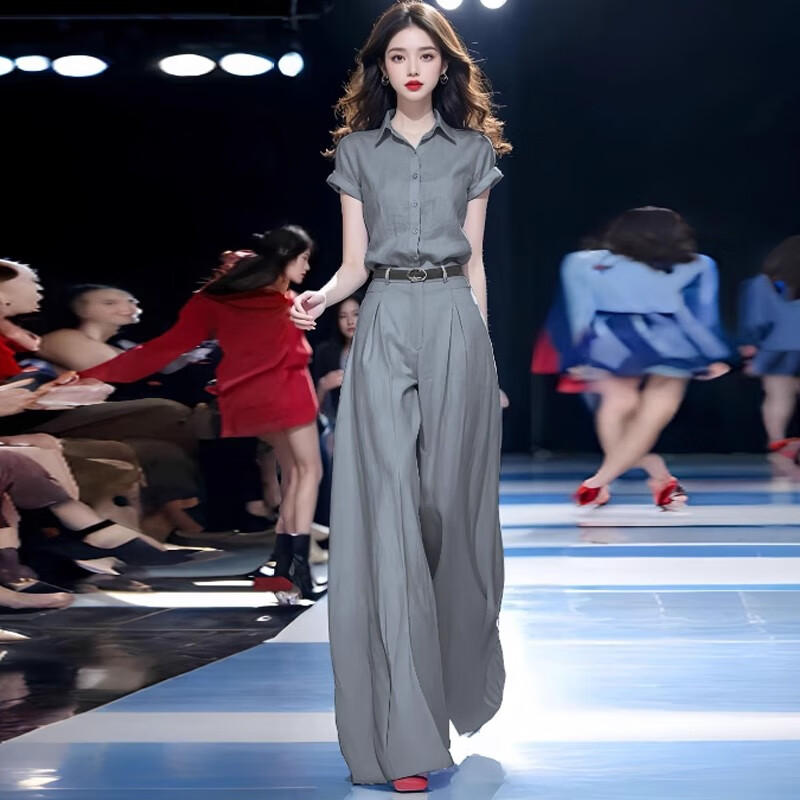欧迪惠（Oudihui）时尚气质套装女2026夏季休闲裤女装新款短袖衬衫高腰阔腿裤两件套 灰色套装 M 【建议95-110斤】