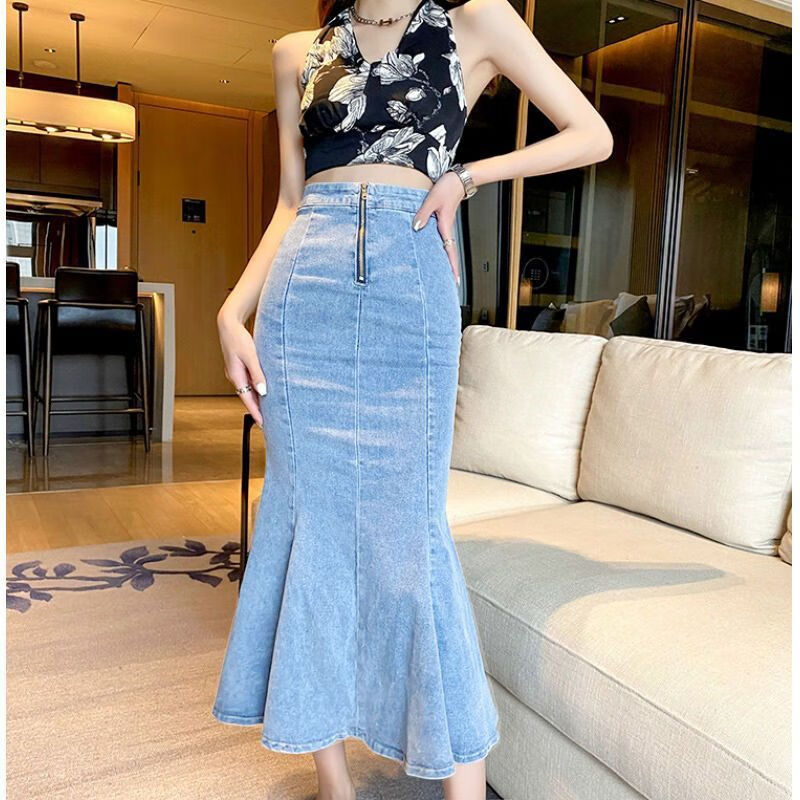 妃施宣设计感 辣妹牛仔裙半身裙中长款高腰开叉2022新款春秋包臀鱼尾裙 S350复古蓝 XS