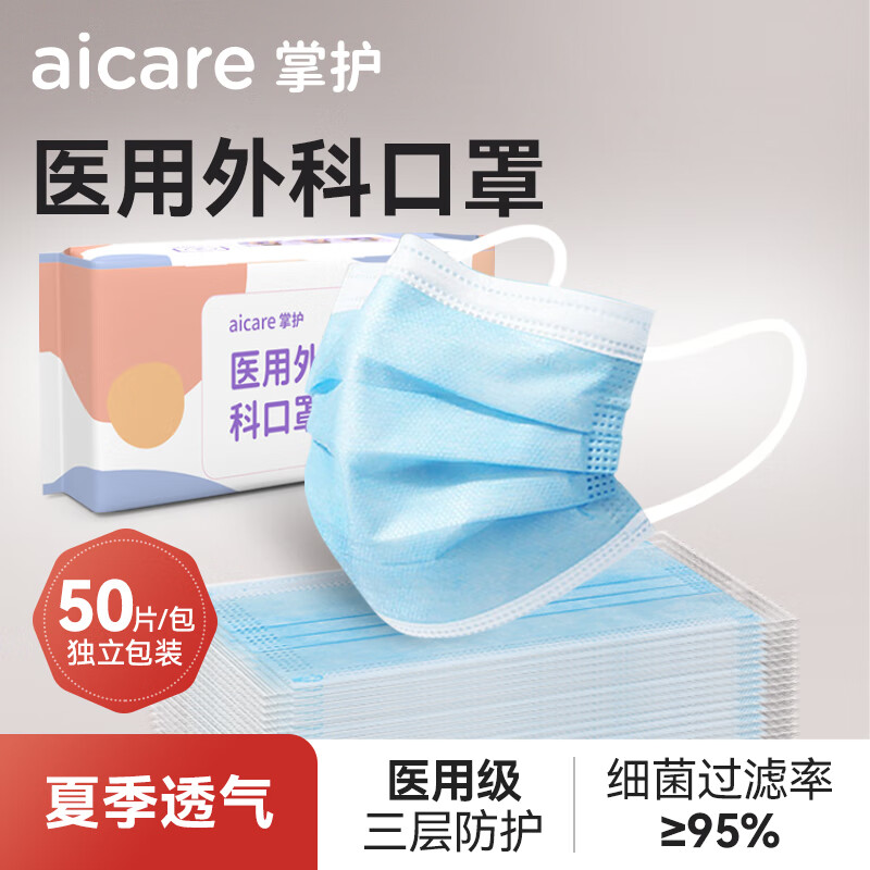掌护医用外科口罩医用防尘一次性口罩独立包装潮流高颜值灭菌级口罩 蓝色100只【独立包装】