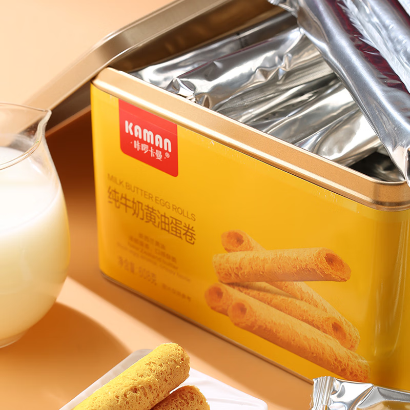 咔啰卡曼咔啰卡曼 纯牛奶黄油蛋卷 零食饼干糕点送礼特产方形铁盒装 608g纯牛奶黄油味*2箱