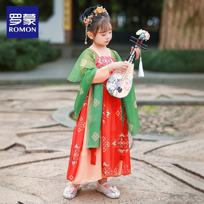 罗蒙儿童中国风原创齐胸襦裙2026款唐装女童汉服夏季毕业演出服 HQ1115 红色襦裙 100