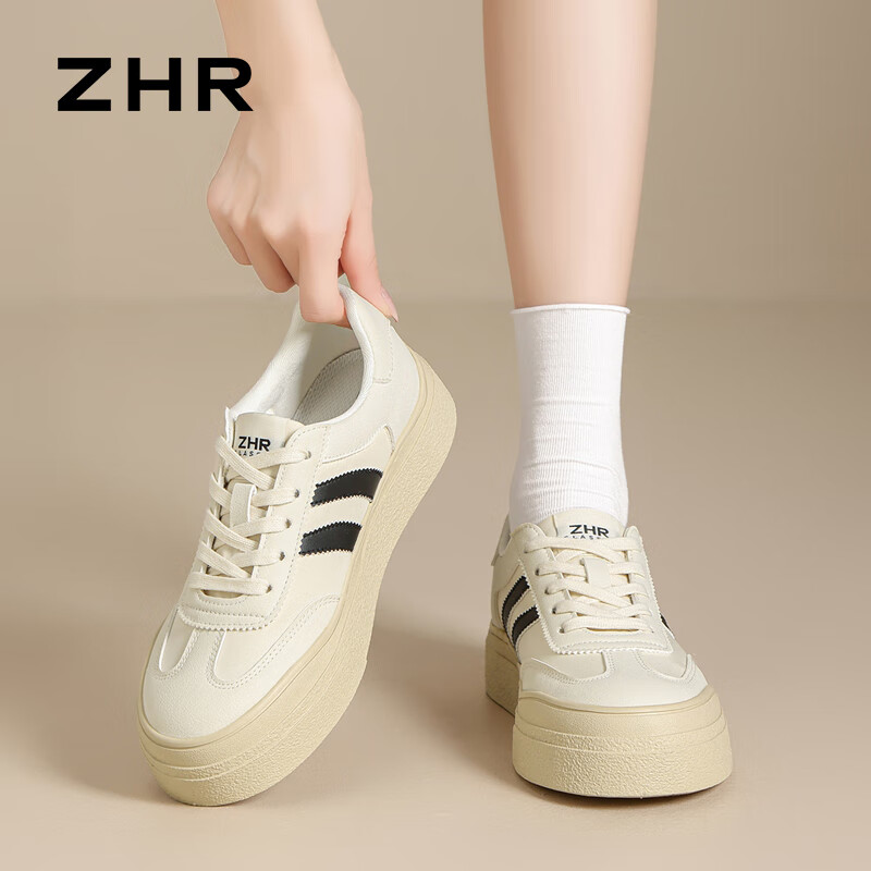 ZHR女鞋新品德训鞋子女经典板鞋平底小白鞋女百搭减龄轻质软底休闲鞋 米黑 37