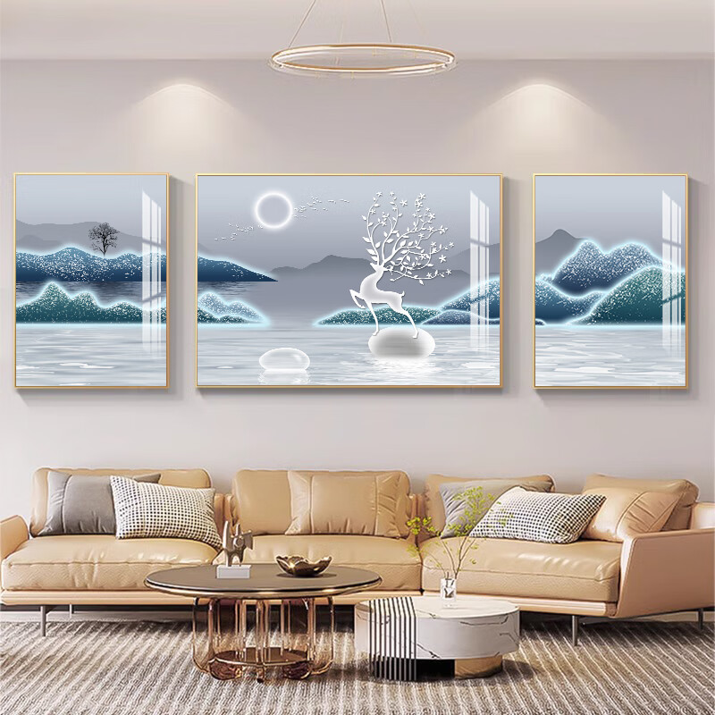 莺语轻奢新款沙发背景墙装饰画寓意好大气高档三联画现代简约客厅挂画 筑梦空间 小套(左右35X50+中70X50)亚光纹理 铝合金边框(默发金色框)