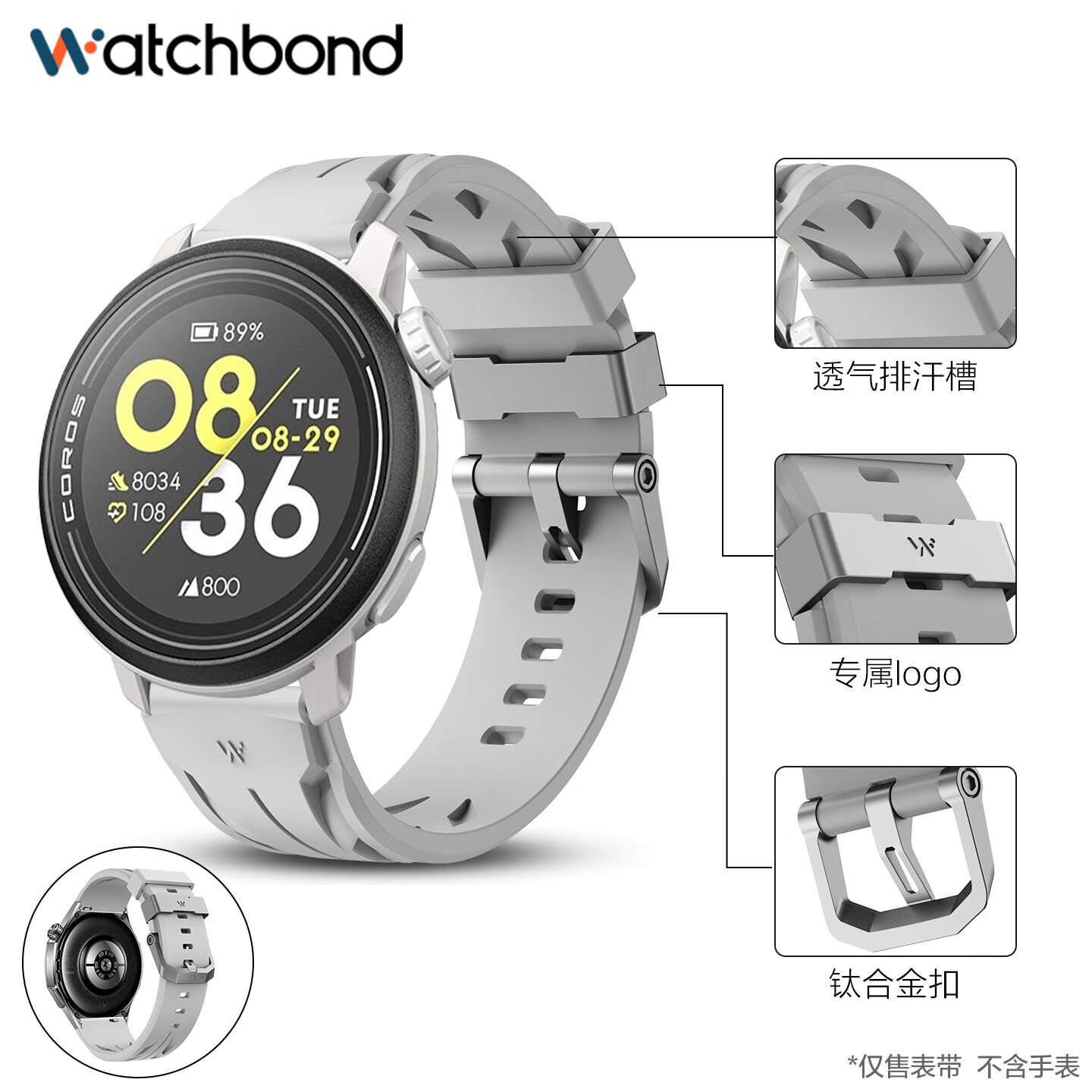 watchbond适用高驰手表COROS PACE4/PACE3表带Apex4/2Pro/Pace Pro/pace4氟橡胶运动腕带智能运动跑步表腕带 FKM氟橡胶-康赛款-钛合金扣-灰色 高驰PACE4/3/Apex4/2Pro-22mm