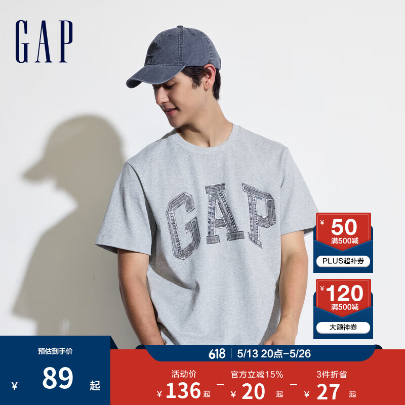 Gap男女装夏季字母logo短袖T恤百搭上衣 灰色 466766 3XL (185/108A) 亚洲尺码