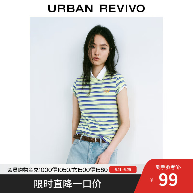 UR2025夏季新款女装休闲运动风条纹球拍图案短袖T恤UYU450072 浅黄条纹 L