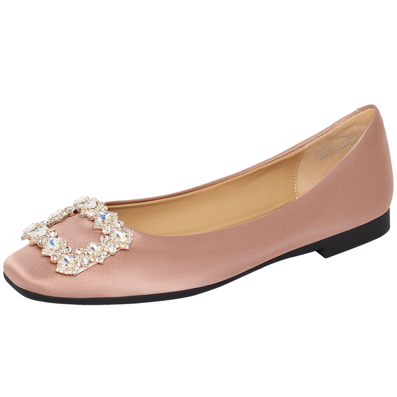 reemoor睿慕2025秋季新款法式方头浅口单鞋水钻方扣平底鞋女 香槟色 37