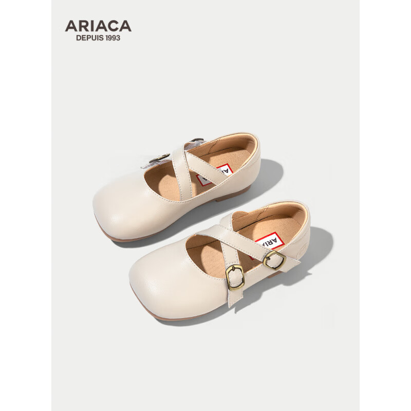 Ariaca新品/艾芮蘇童鞋方頭女童皮鞋小女孩軟底豆豆鞋兒童小香風(fēng)公主鞋 米色 26 _內長(cháng)16.8_適合腳長(cháng)16.3