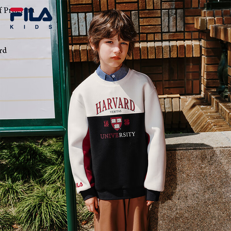 FILA X HARVARD哈佛联名童装男童套头卫衣2025年秋季新款休闲上衣 云菇白-WT 150