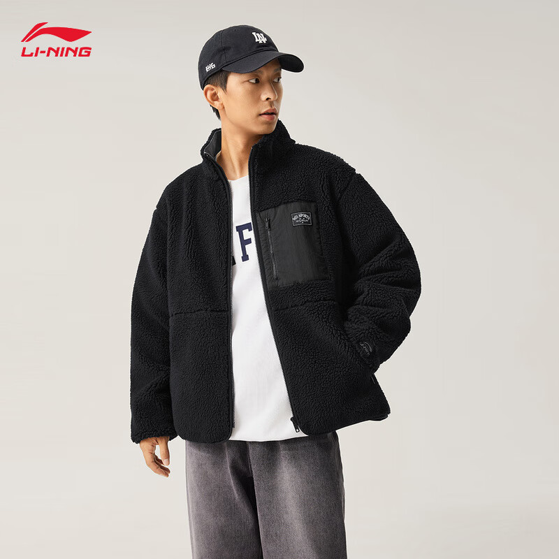 李宁摇粒绒针织外套春季情侣款拼接复古百搭仿羊羔绒外套 黑色(C95款)-8 XL
