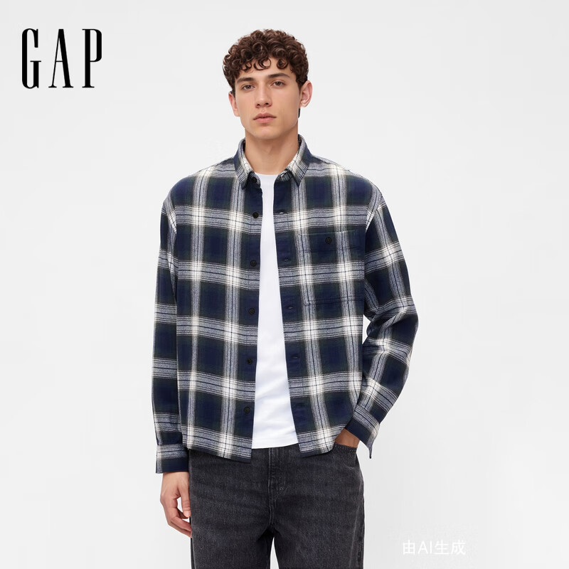 GAP男装2025秋季新款法兰绒纯棉宽松翻领衬衫长袖上衣美版799393 海军蓝格子 S 美码  M亚洲码175/92A