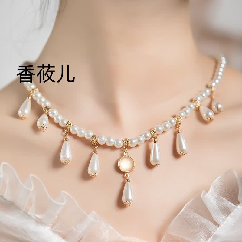续品女童古风璎珞仿珍珠搭配汉服马面裙的配饰项链儿童学校表演出吊坠 白色水滴项链