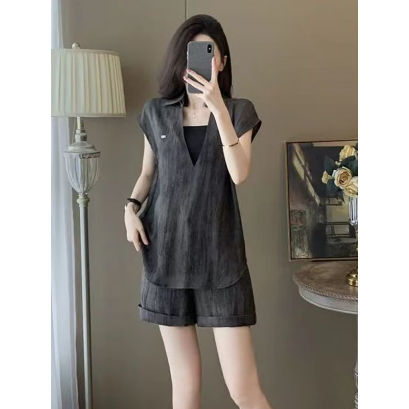恒源祥时尚套装女夏季气质显瘦轻熟薄款减龄设计感假两件短袖短裤两件套 图片色套装 L 【建议105-119斤】