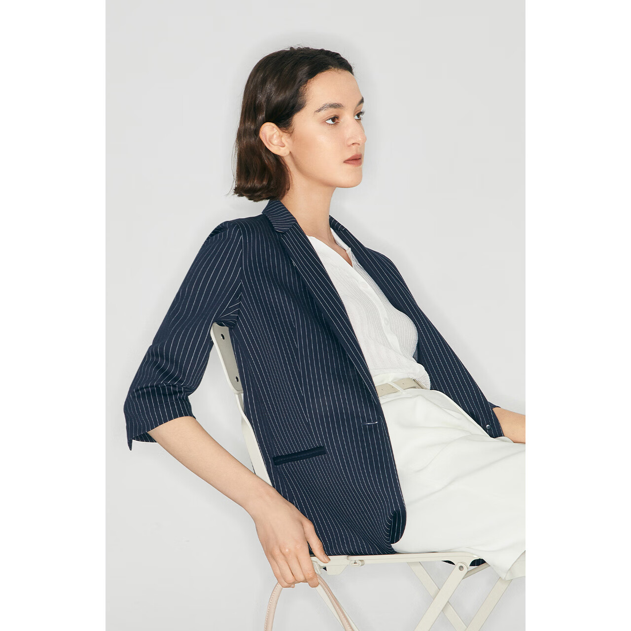 麦檬MM西服藏青条纹通勤五分袖西装外套女5998112931 藏青 L